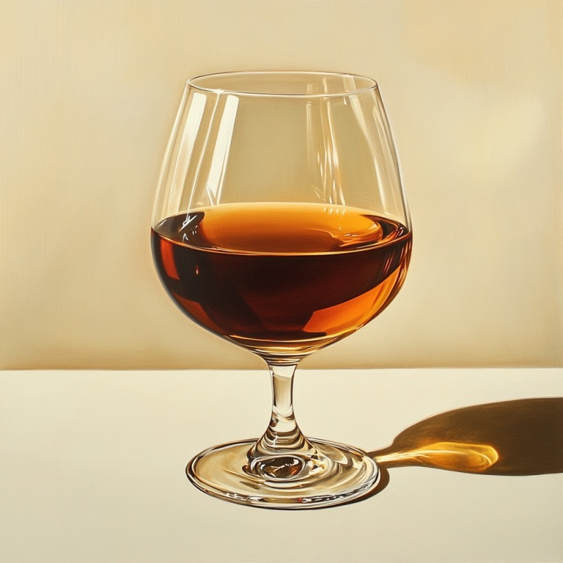 A glass of amber brandy casting a rich shadow on a cream-colored surface