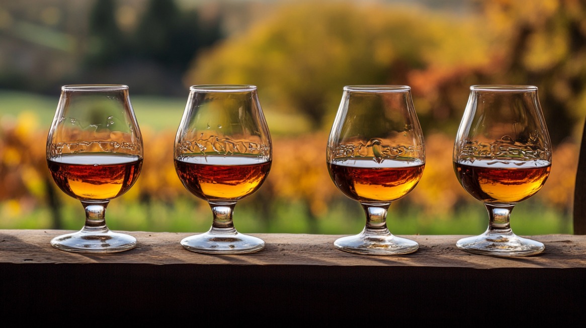 Four glasses of whiskey lined up on a wooden ledge with a scenic, blurry background