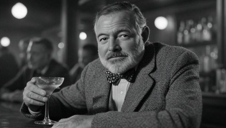 Black and white photo of Ernest Hemingway drinking cocktail in a bar